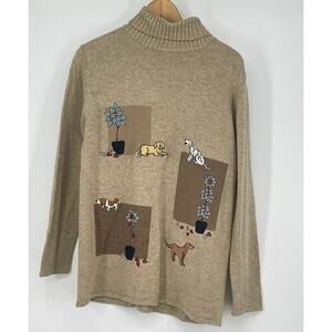 Vintage Dog Mom Embroidered Novelty‎ Sweater Tan Wool Blend Turtleneck Women L